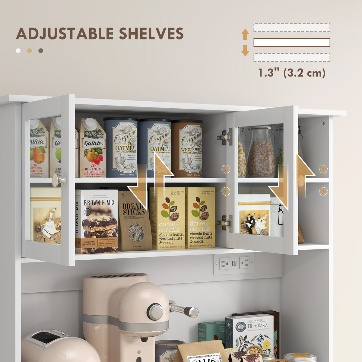 Kitchen Cabinet with Charging Station, 2 Tilt Out Cabinets, Microwave Stand, Freestanding Kitchen Pantry Cabinet, White