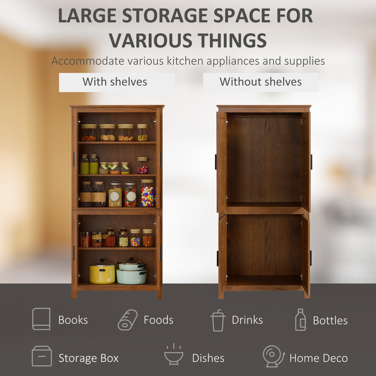 64" 4-Door Kitchen Pantry, Freestanding Storage Cabinet with 3 Adjustable Shelves for Kitchen, Oak