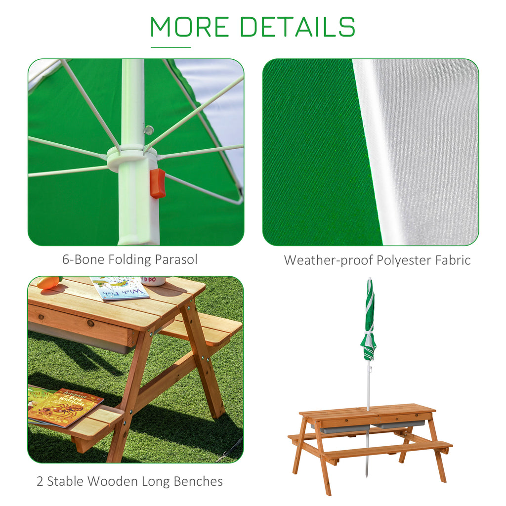 Kids 3 in 1 Sand and Water Table, Wooden Outdoor Convertible Picnic Table with Umbrella and Storage Inside, Bench Backyard Furniture for Garden, Patio, or Balcony