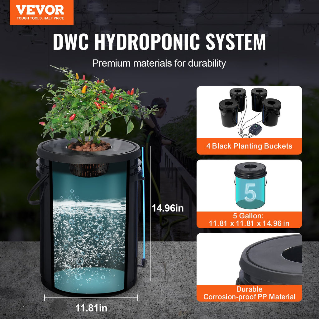 DWC Hydroponic System, 5 Gallon 4 Buckets, Deep Water Culture Growing Bucket, Hydroponics Grow Kit With Pump, Air Stone And Water Level Device, For Indoor/Outdoor Leafy Vegetables