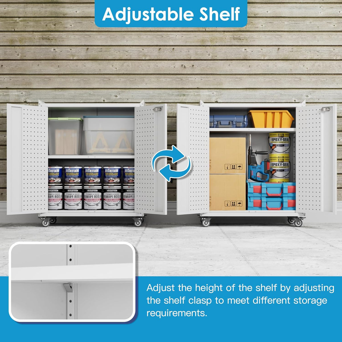 Metal Storage Cabinet With 2 Doors And 4 Hooks,Top Workbench Mobile Tool Chests Garage Cabinets With 4 Wheels And Lock Push Arm For Home,Office,Shop White