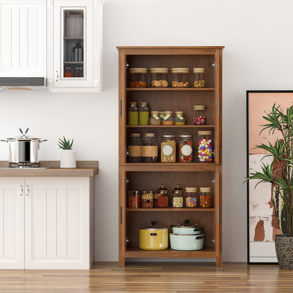 64" 4-Door Kitchen Pantry, Freestanding Storage Cabinet with 3 Adjustable Shelves for Kitchen, Oak