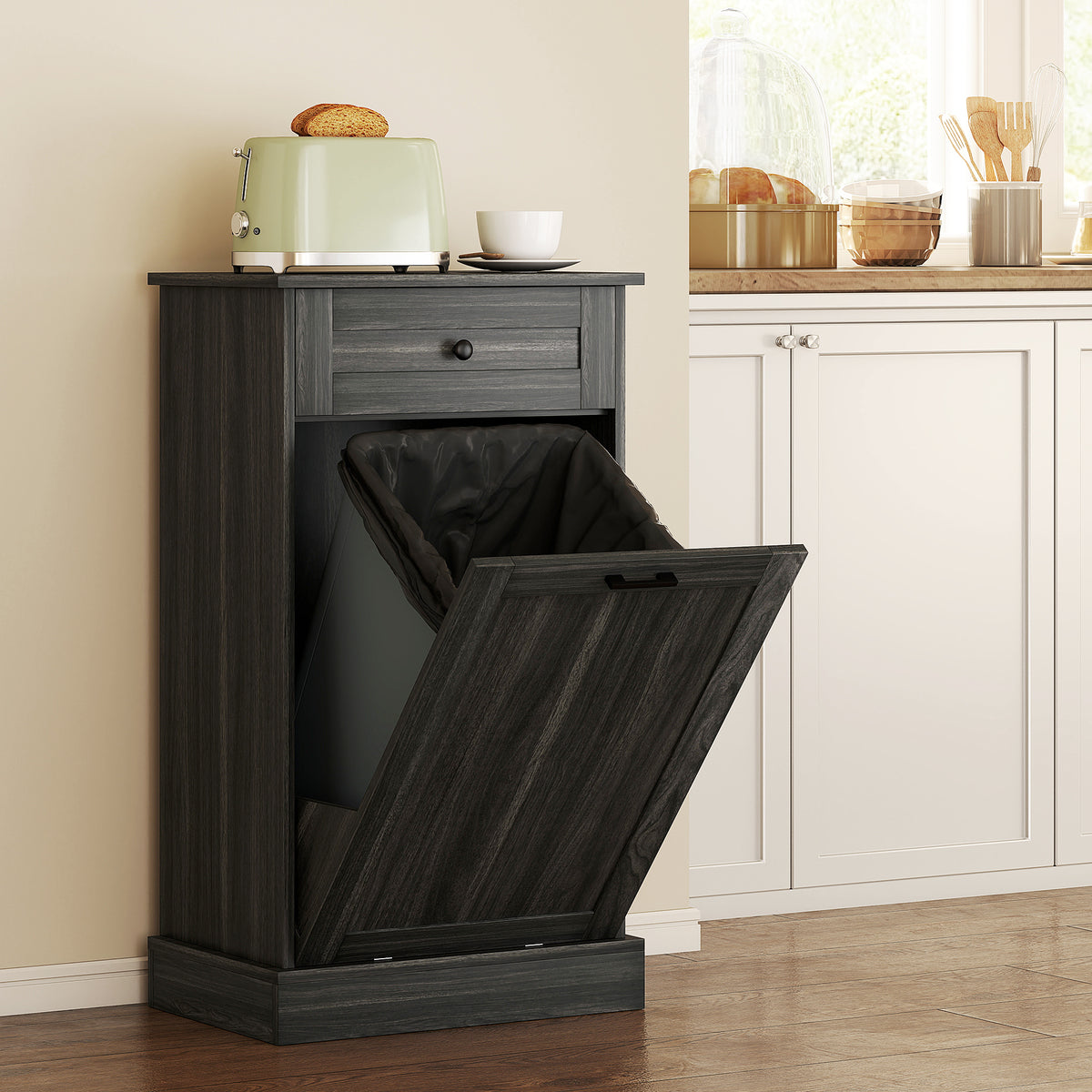 Kitchen Tilt Out Trash Bin Cabinet Free Standing Storage Cabinet with Drawer, Charcoal Gray
