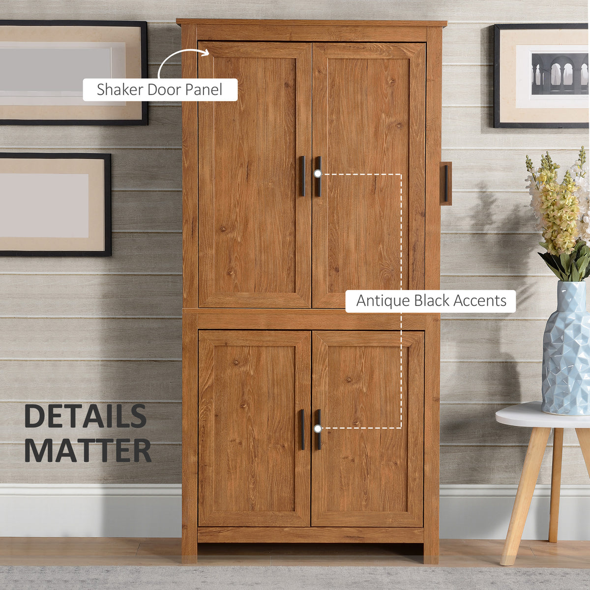 64" 4-Door Kitchen Pantry, Freestanding Storage Cabinet with 3 Adjustable Shelves for Kitchen, Oak