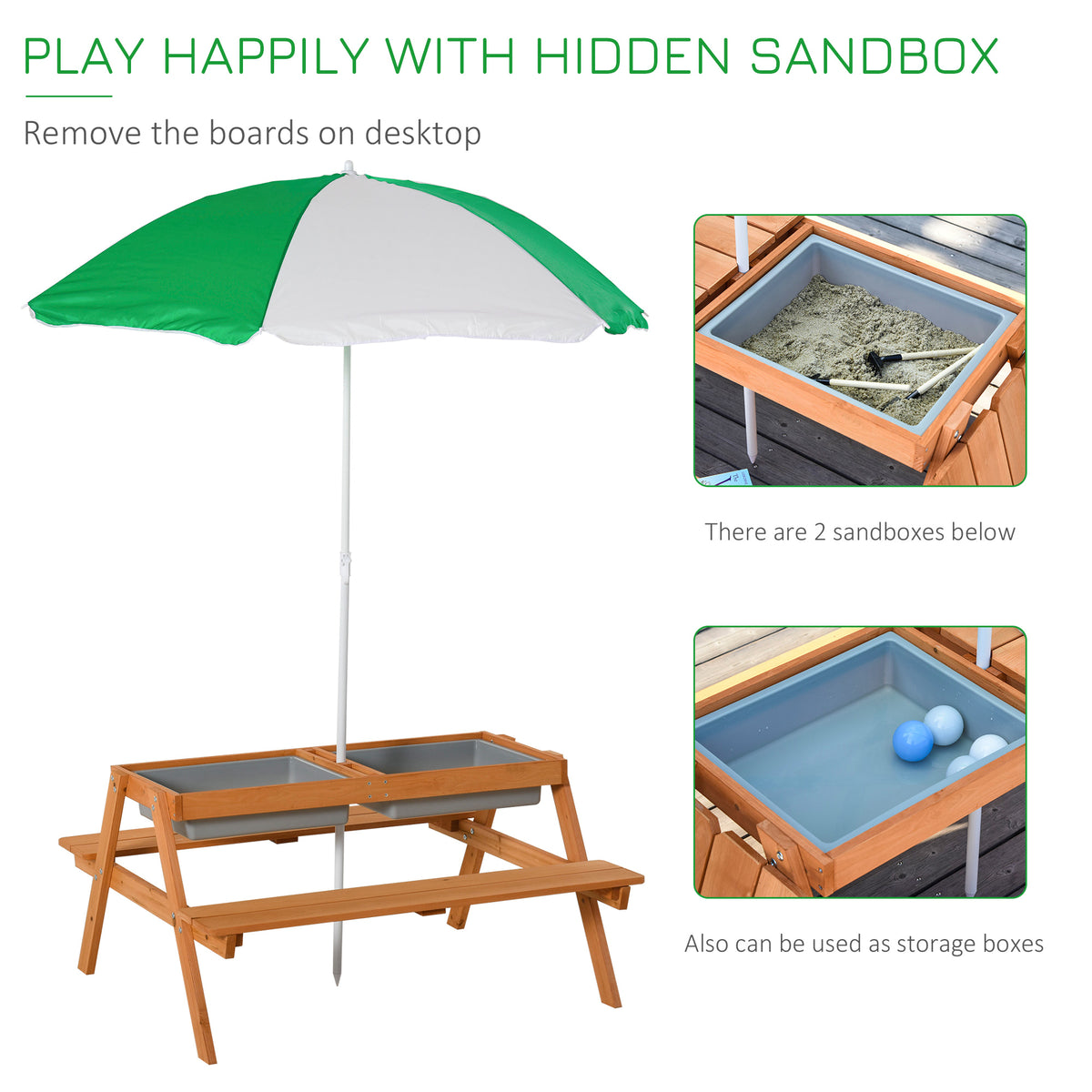 Kids 3 in 1 Sand and Water Table, Wooden Outdoor Convertible Picnic Table with Umbrella and Storage Inside, Bench Backyard Furniture for Garden, Patio, or Balcony