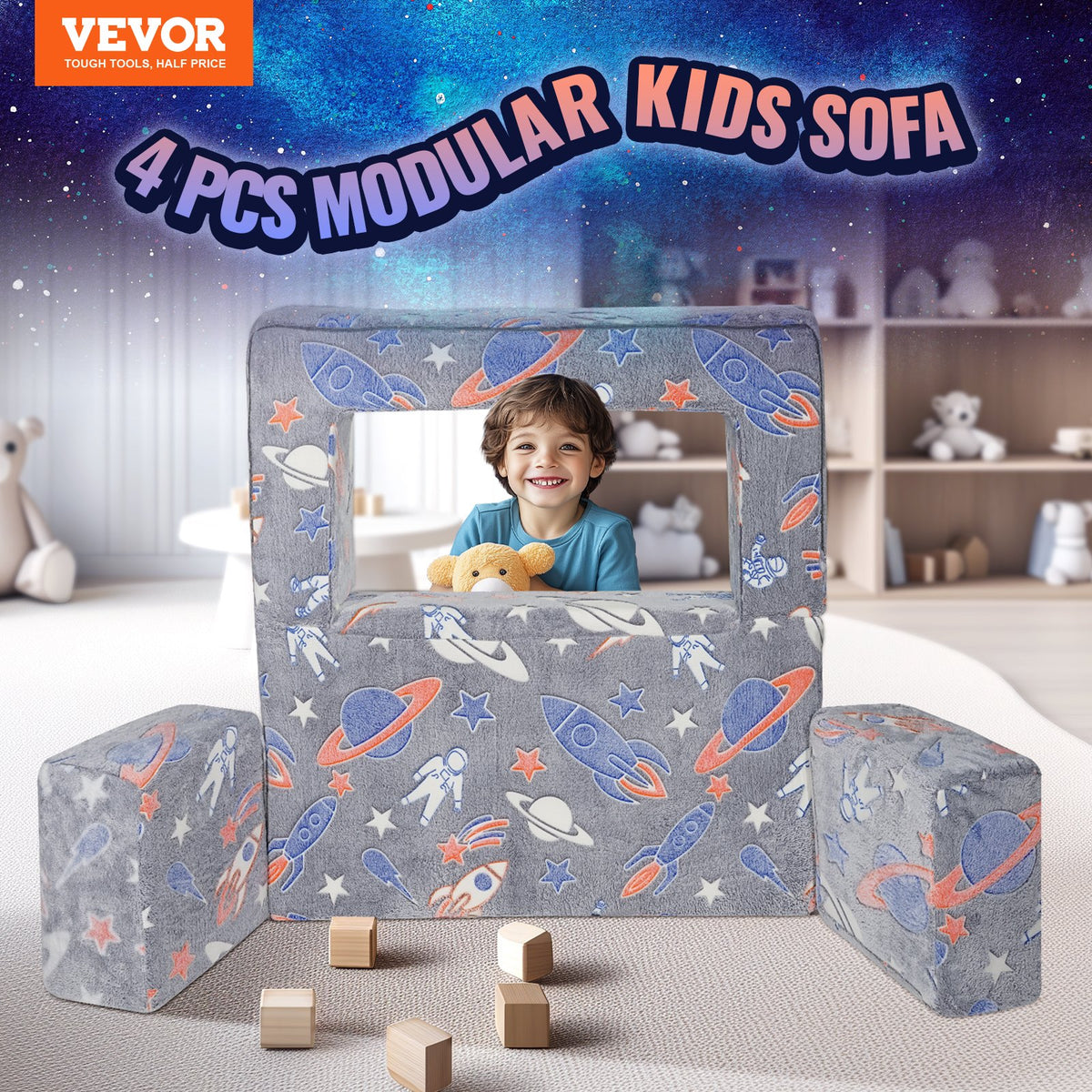 Kids Couch, 4Pcs Toddler Couch Sofa Bed, Kids Chair Seat Playroom Furniture, Child Sectional Sofa With Removable Cover For Kids Girls & Boys, Dark Grey