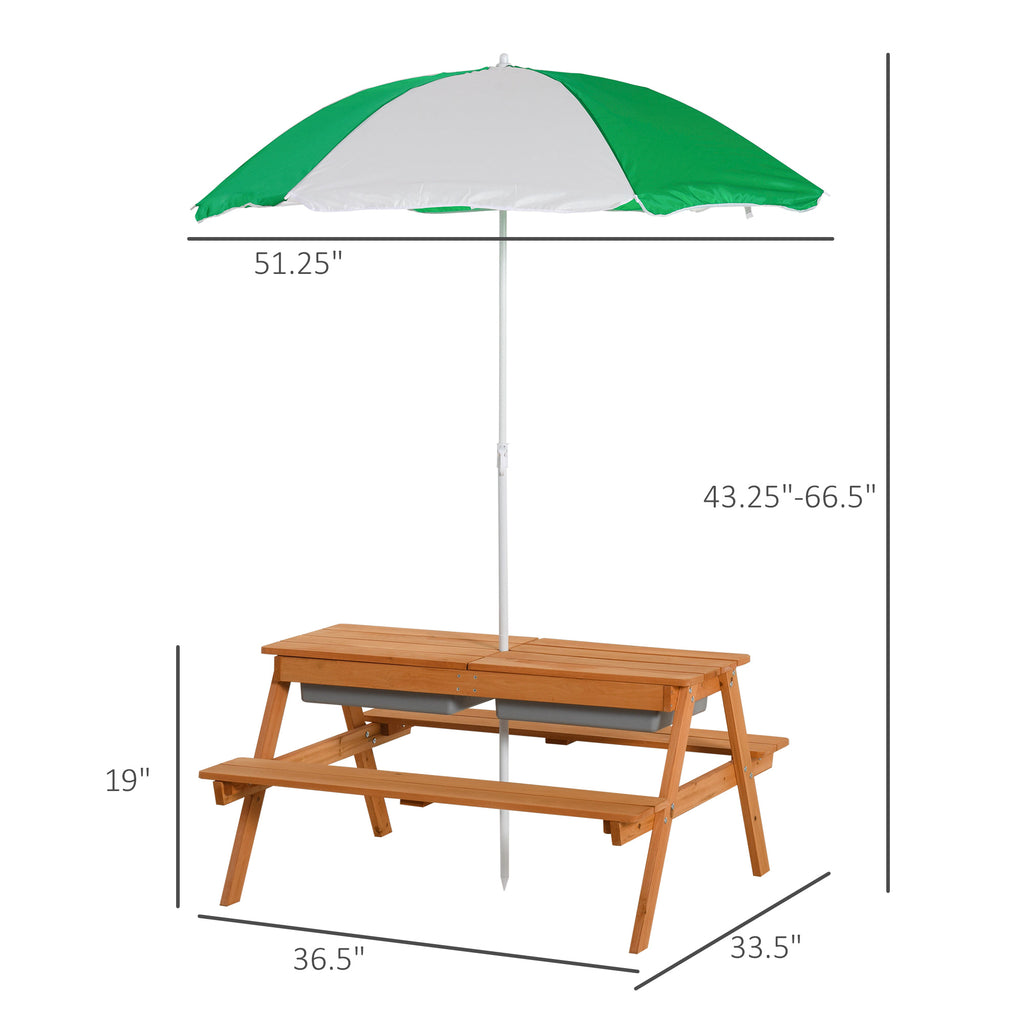 Kids 3 in 1 Sand and Water Table, Wooden Outdoor Convertible Picnic Table with Umbrella and Storage Inside, Bench Backyard Furniture for Garden, Patio, or Balcony