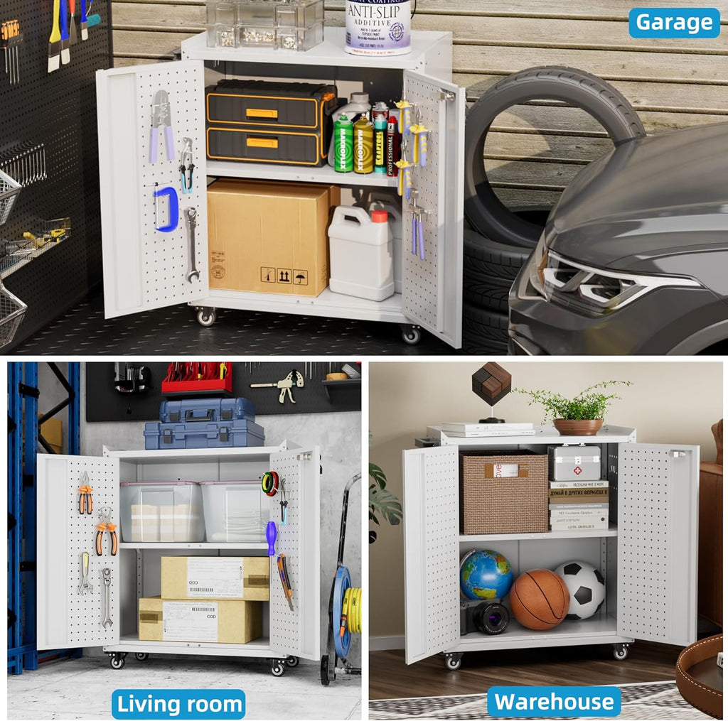 Metal Storage Cabinet With 2 Doors And 4 Hooks,Top Workbench Mobile Tool Chests Garage Cabinets With 4 Wheels And Lock Push Arm For Home,Office,Shop White
