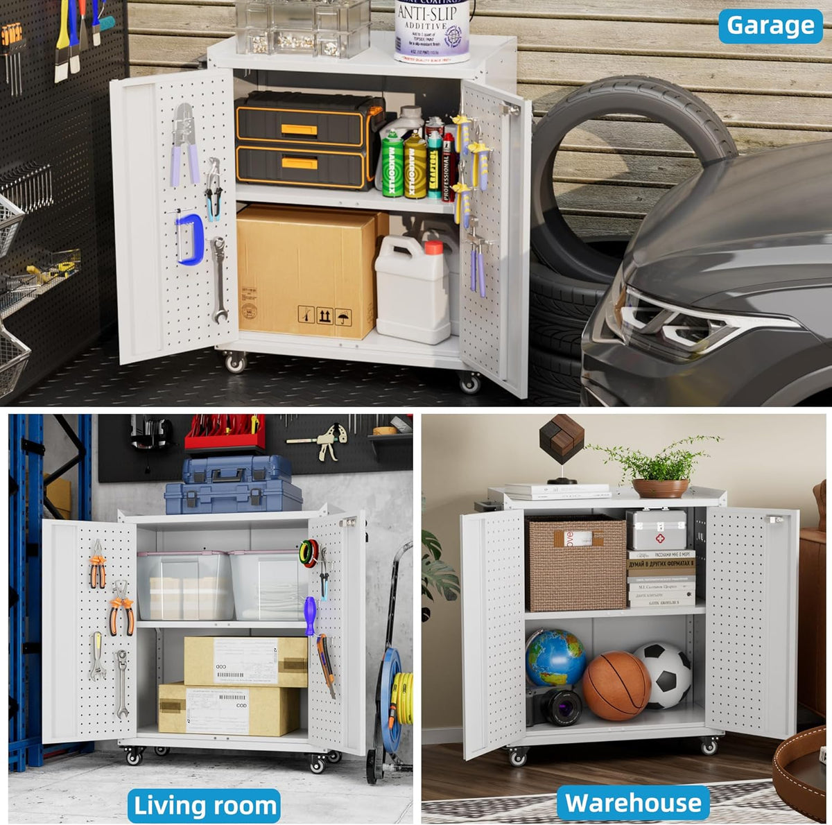 Metal Storage Cabinet With 2 Doors And 4 Hooks,Top Workbench Mobile Tool Chests Garage Cabinets With 4 Wheels And Lock Push Arm For Home,Office,Shop White