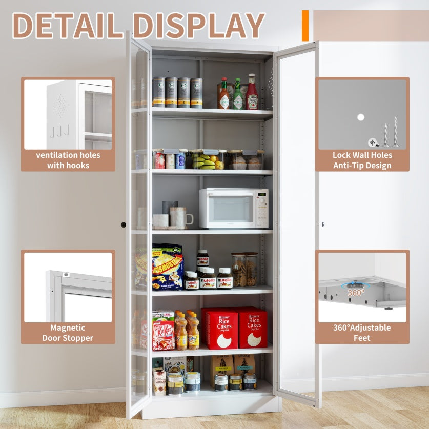 Metal Kitchen Pantry Cabinet -  Tall Storage With 5 Adjustable Shelves, White Freestanding Cabinet For Kitchen Pantry Bathroom