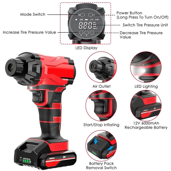 150PSI Cordless Car Tire Pump 6000mAh Rechargeable Tire Inflator 12V Portable Electric Air Compressor With LED Light For Car Bike Motorcycle Ball