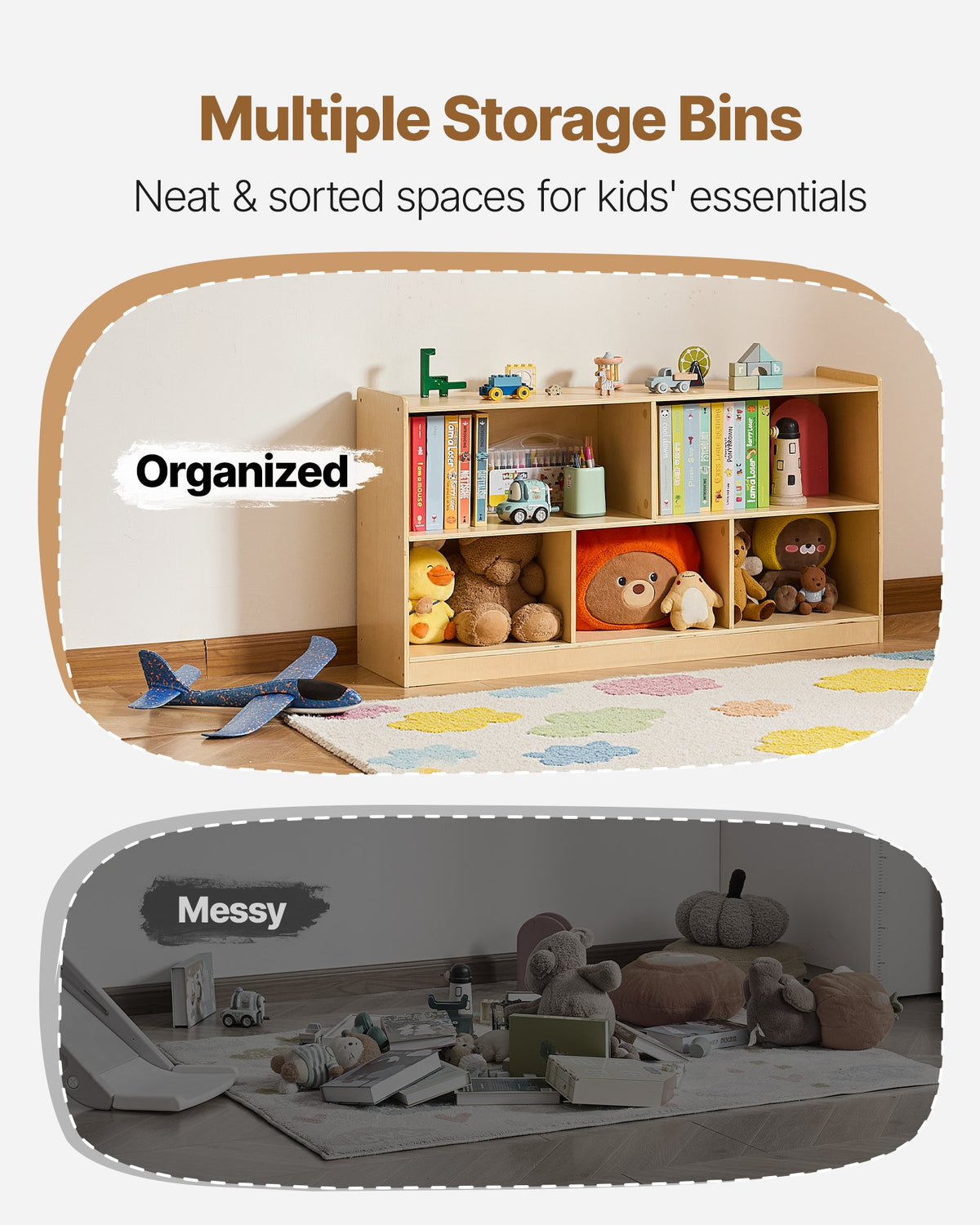 Montessori Bookshelf, 45 In Width Toy Storage Organizer, 5-Section Kids Display Storage Cabinet, Daycare Furniture, Kids Bookshelf For Bedroom, Nursery, Living Room, Entryway, Preschool, Brown
