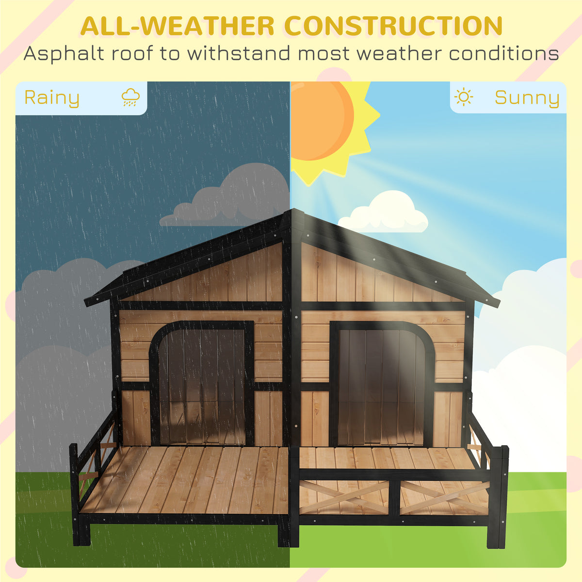 59x64x39 Large Wooden Dog House Raised Weatherproof Rustic Log Cabin Style Elevated Pet Shelter Porch Deck, Natural