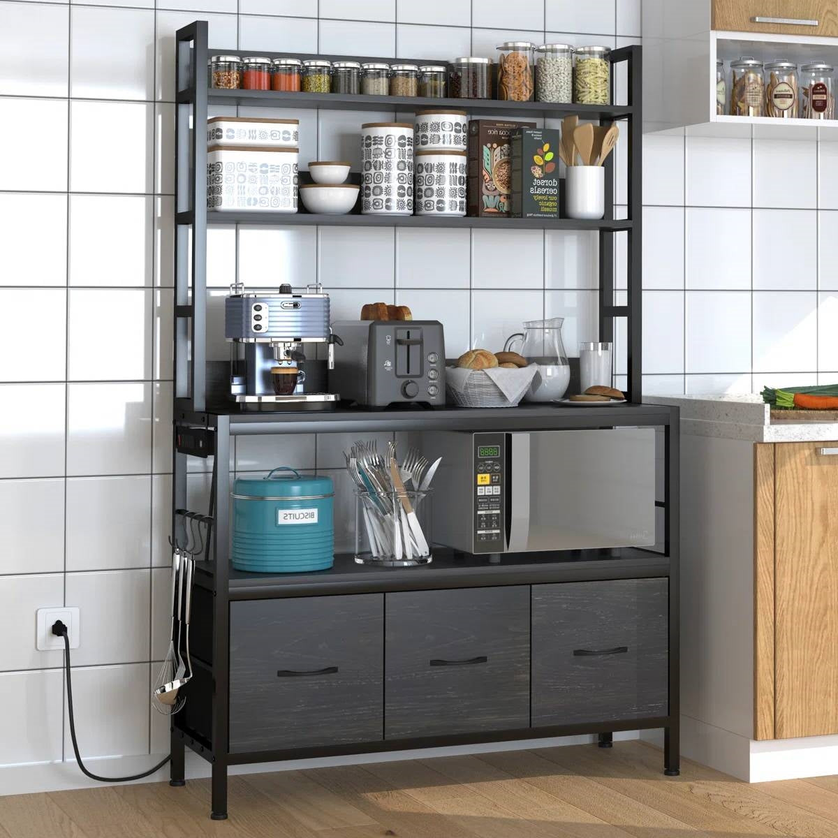 Black Metal Kitchen Baker's Rack 4-Shelves with Bottom Storage Cabinets