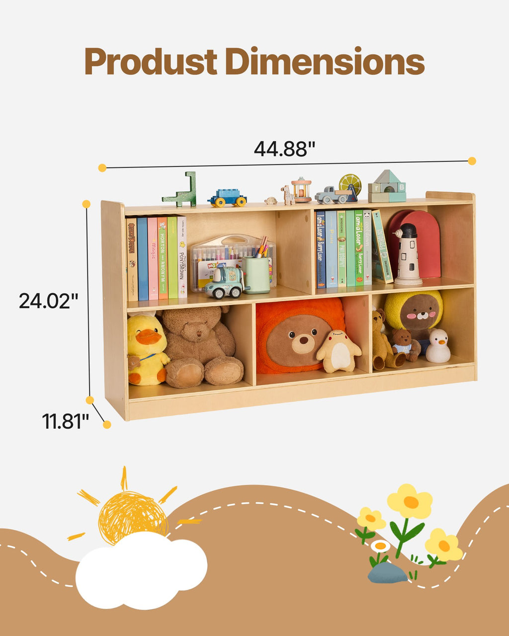 Montessori Bookshelf, 45 In Width Toy Storage Organizer, 5-Section Kids Display Storage Cabinet, Daycare Furniture, Kids Bookshelf For Bedroom, Nursery, Living Room, Entryway, Preschool, Brown