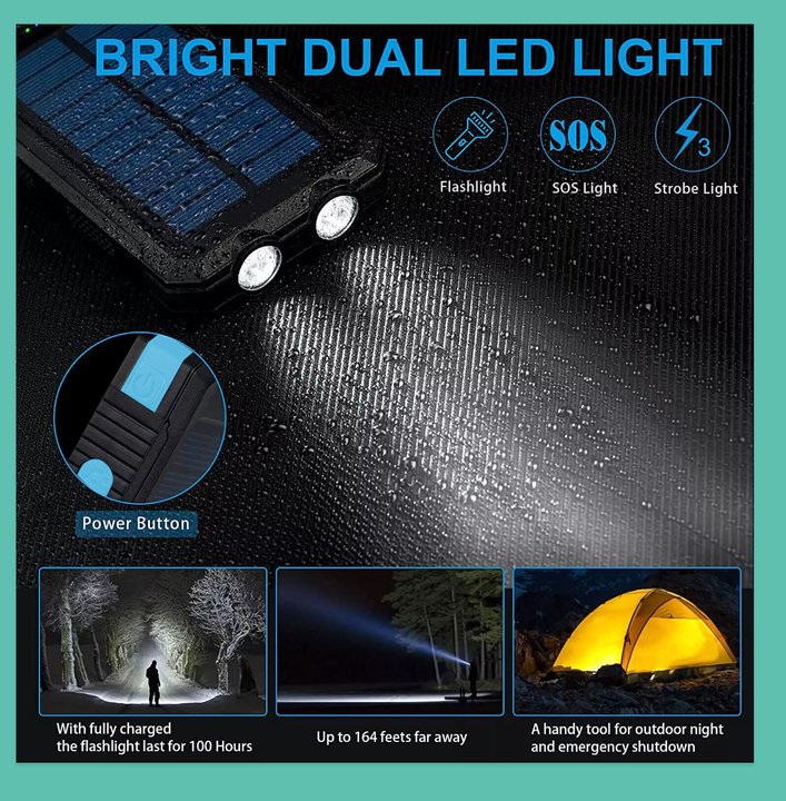 Solar Power Bank Waterproof 2USB LED Battery Charger For Cell Phone