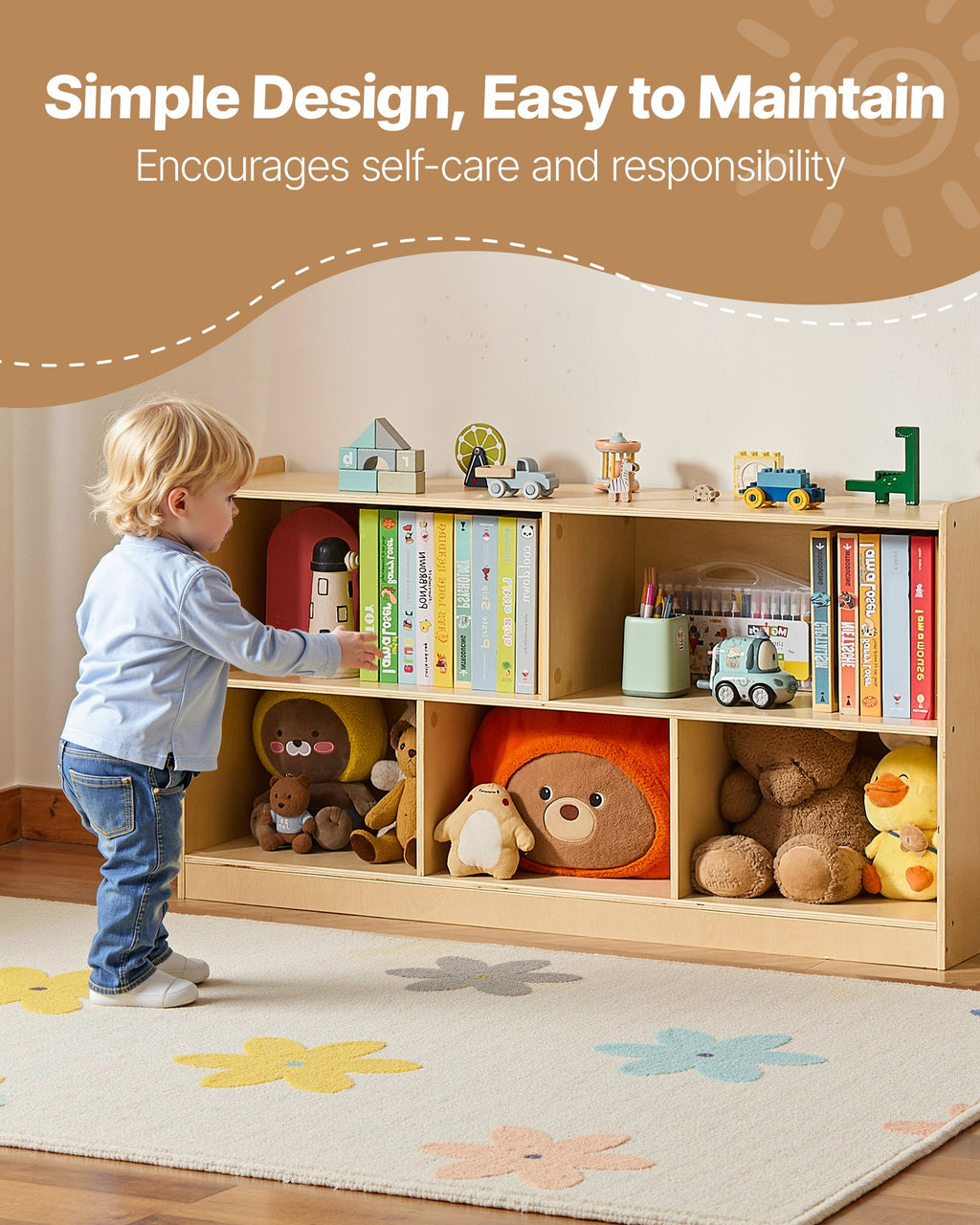 Montessori Bookshelf, 45 In Width Toy Storage Organizer, 5-Section Kids Display Storage Cabinet, Daycare Furniture, Kids Bookshelf For Bedroom, Nursery, Living Room, Entryway, Preschool, Brown