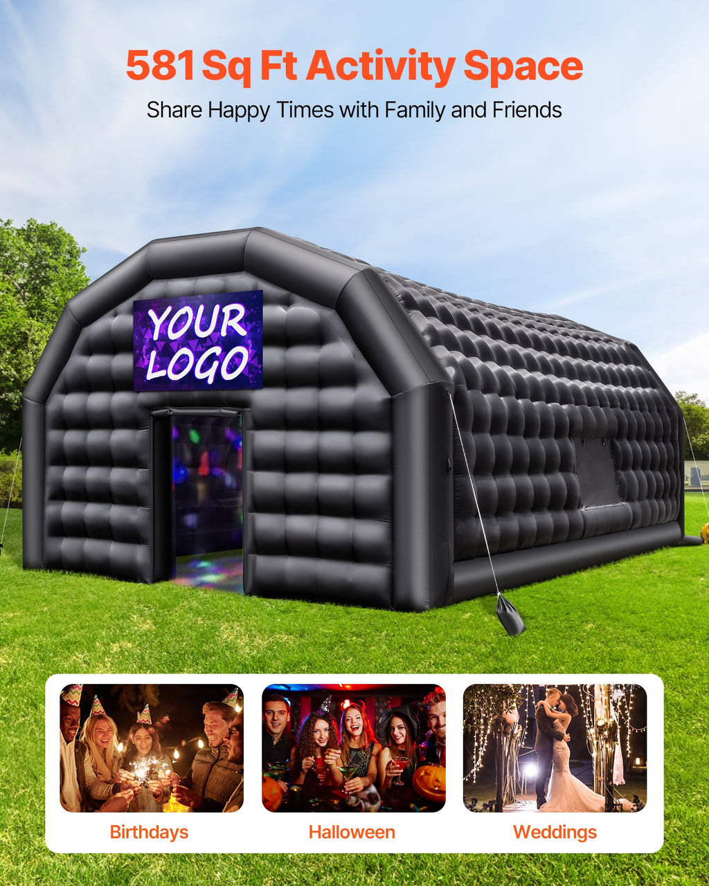 Aufblasbares Partyzelt 9x6x4 M, Würfelzelt Für Disco Nachtclub, Pavillon Hochzeitszelt Mit 1100 W Gebläse, Sandsack, 2 Fenster Für Veranstaltungen, Geburtstag, Hochzeit, Schwarz