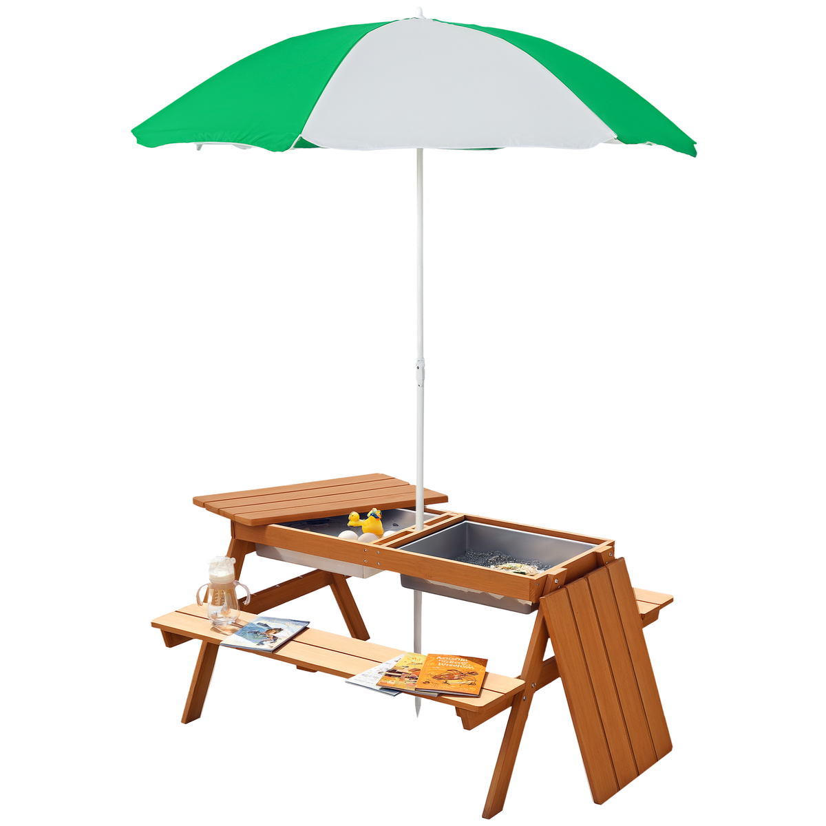 Kids 3 in 1 Sand and Water Table, Wooden Outdoor Convertible Picnic Table with Umbrella and Storage Inside, Bench Backyard Furniture for Garden, Patio, or Balcony