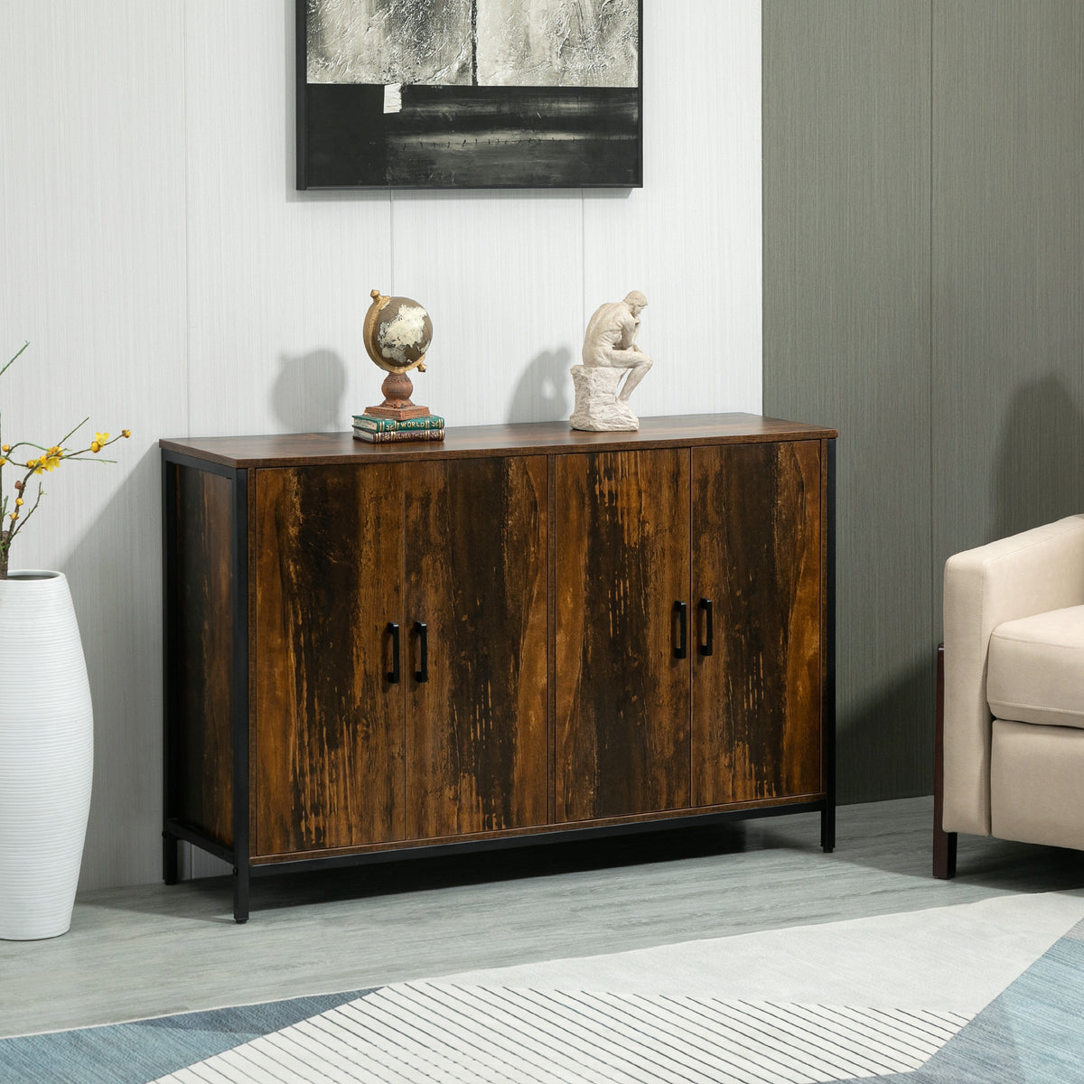 Industrial Sideboard Buffet Cabinet with Doors, Kitchen Cabinet, Coffee Bar Cabinet with Adjustable Shelves, Rustic Brown