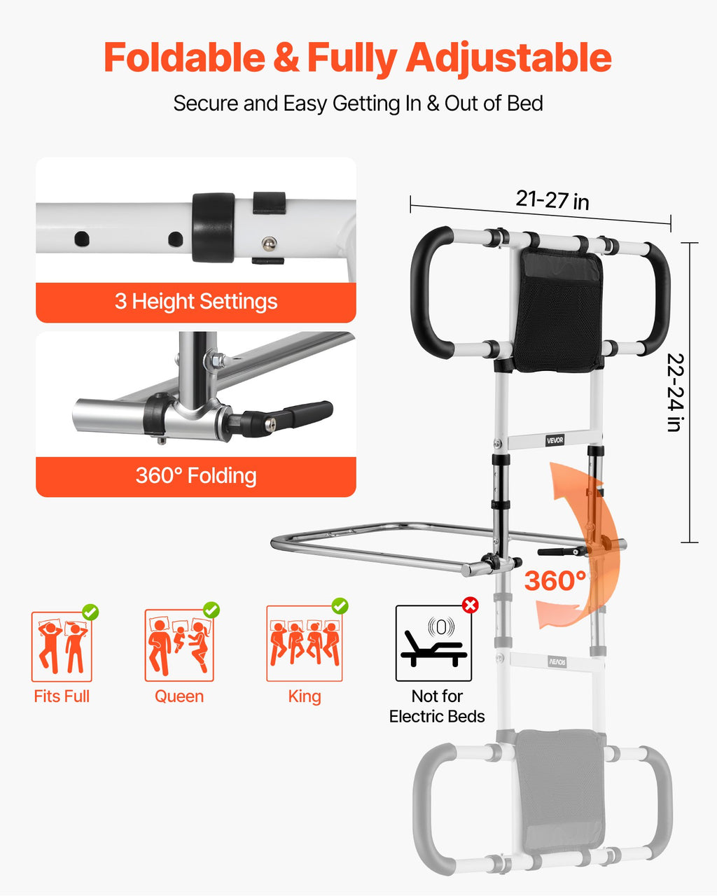 Bed Rail For Elderly, Foldable & Extendable Bedside Assist Rail With Side Handles & PU Handrail, Adjustable Height Carbon Steel Pipe Bedside Cane, Senior Bed Bar Fits King, Queen, Full, Twin